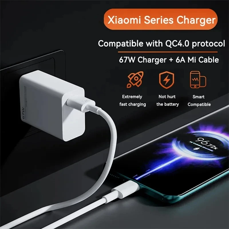 Xiaomi Original 67W USB Super Fast Charger Power Adapter 6A Type-C Cable Quick Charge Applicable to Xiaomi Huawei Poco Redmi