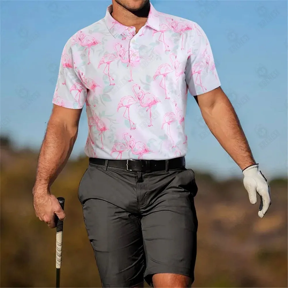 New Pink Flamingo Summer Men's Polo Golf Apparel Classic Moisture Wicking Dry Short Sleeve Quick Dry Printed Golf T-shirt