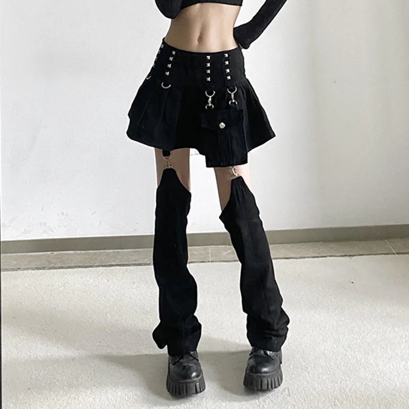 Rivet Patchwork Women Mini Pleated Street Skirts With Trouser Leg Hight Waist Skirt Punk Streetwear Goth Clothes Dark Academia