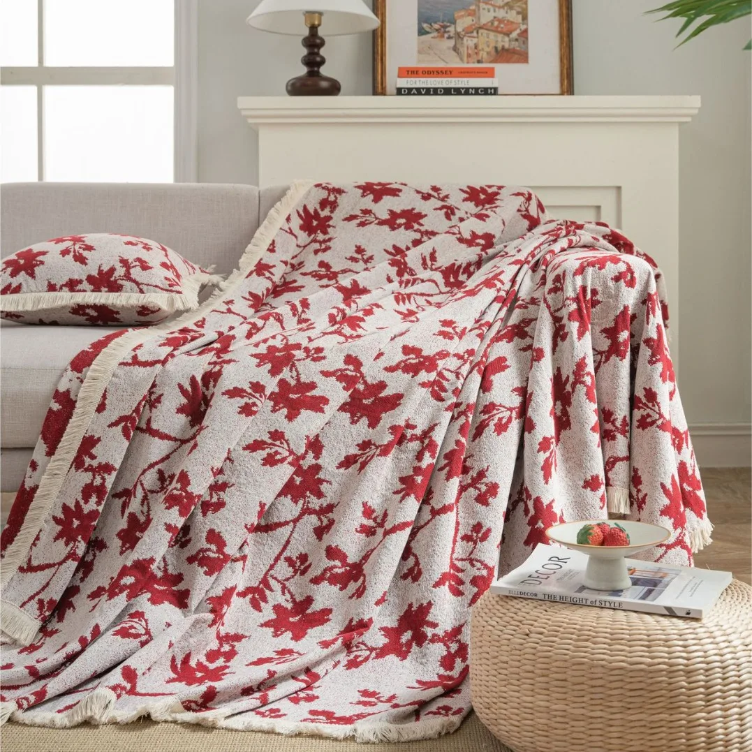 Red Flower Vintage Sofa Cover Sofa Towel Anti-cat Scratch Thick Sofa Cover Blanket Recliner Cover Towel Pastoral Style Dust Cove