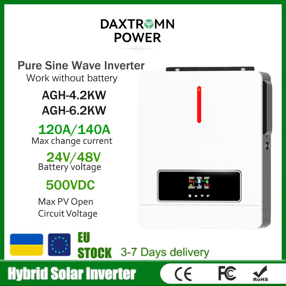 Daxtromn 4.2KW 6.2KW hybrid solar inverter 24V 48V on/off Gird dual output 120A MPPT pure sine wave solar charge controller