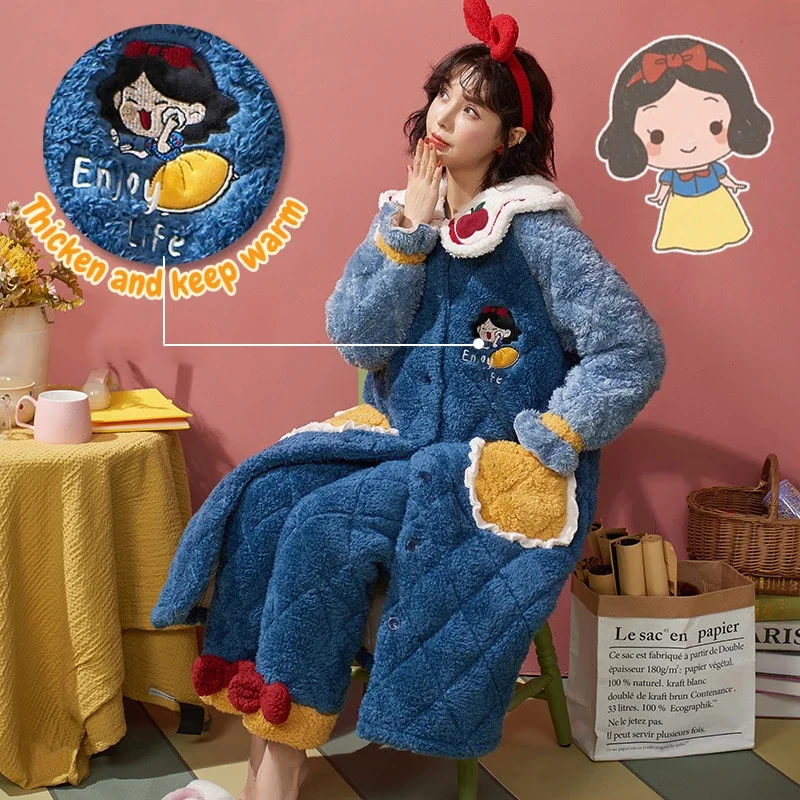 Disney Snow White Winter Warm Flannel Women\'s Pajamas Set Nightgown Trousers Two-piece Set Cute Soft Women Home Wear Clothes