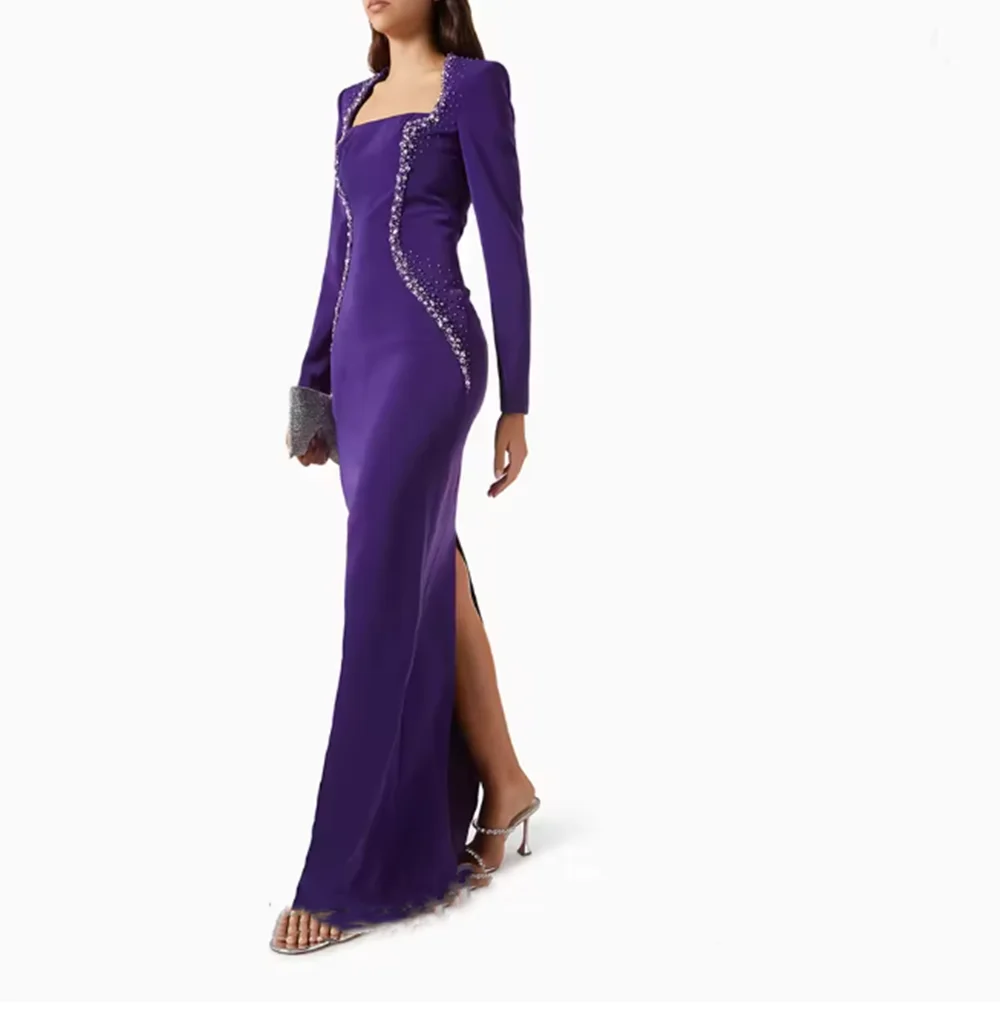 فستان سهرة أرجواني فاخر لحفلات الزفاف بطول الأرض فستان حفلة موسيقية غمد فستان رسمي للحفلات بأكمام طويلة مطرز بالخرز في المملكة العربية السعودية