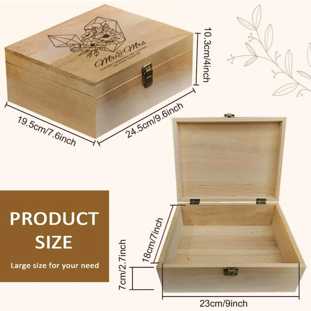 1 Pc Wood Memory Keepsake Box, Decorative Boxes Crystal Flowers Mr. Mrs Love Memory Box with Hinged Lids Keepsake Chest for