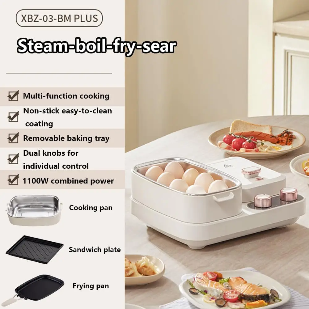 ماكينة إفطار متعددة الوظائف، طهي سريع 1100 وات، مع مقلاة، وعاء طهي، طبق ساندويتش، تحكم بزر مزدوج، تلقائي