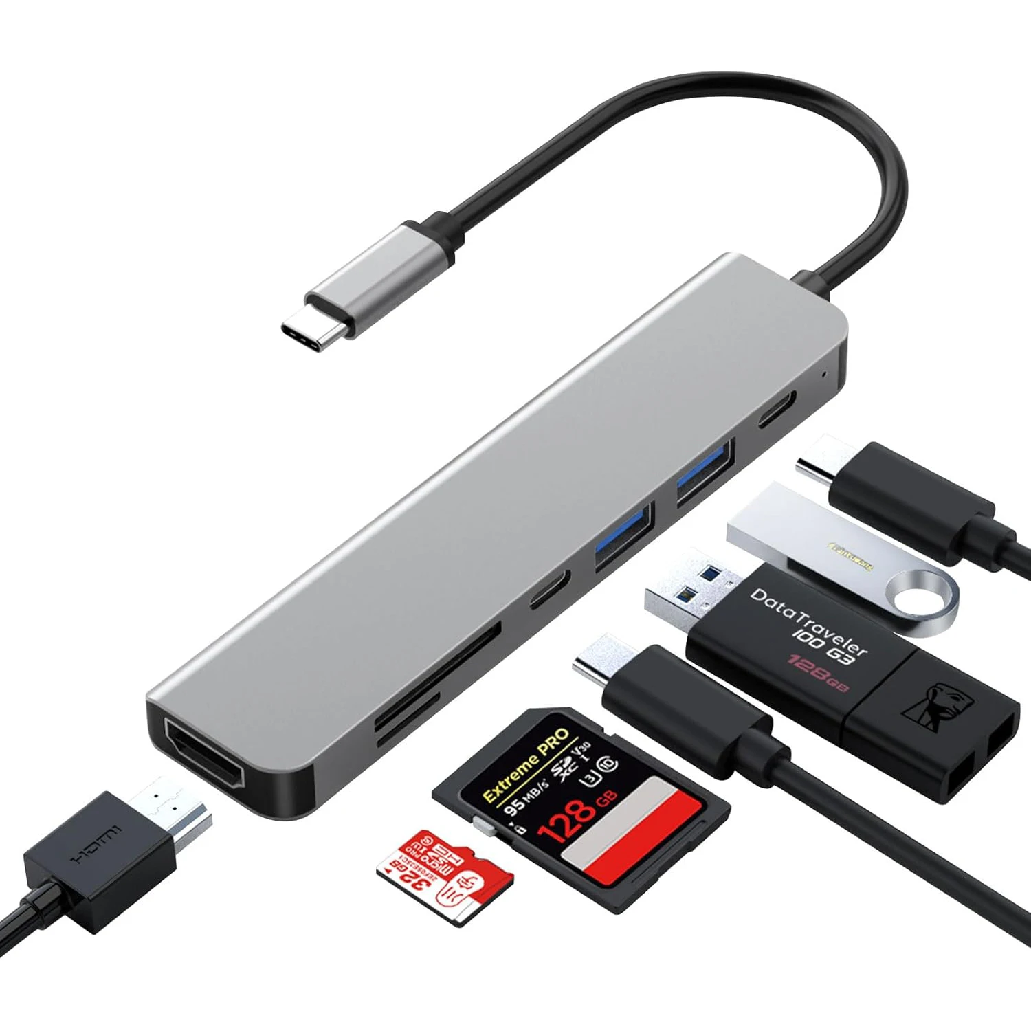 Estación de acoplamiento con concentrador USB C 7 en 1 con HDMI 4K, 100W PD, puertos de datos de 5Gbps, lector de tarjetas TF/SD para ordenador portátil, MacBook Steam Deck