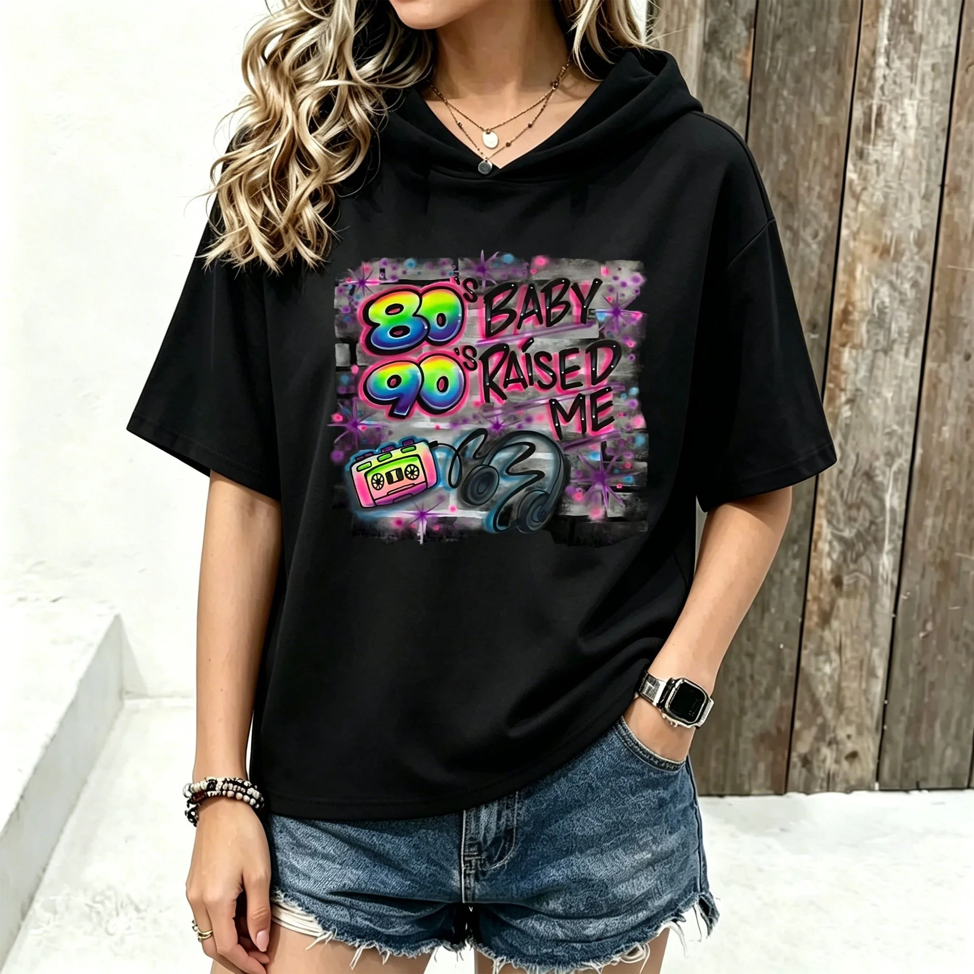 Plus Size 80s 90s Baby Raised Me Graphic Tee, Casual Round Neck Short Sleeve Regular Fit Short-sleeved hoodie T-Shirt, Medium Stretch Top For Parties And Everyday Wear Unisex