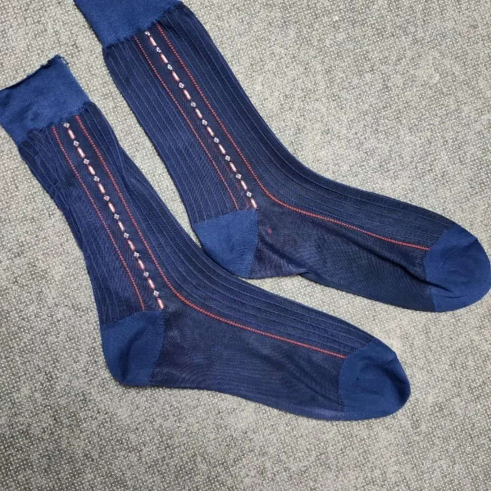 2024 Navy Blue Dress Socks for Men Red Line Jacquard Vintage Formal Business Work Socks Gift Men Sexy Thin Sheer Mid-Calf Socks