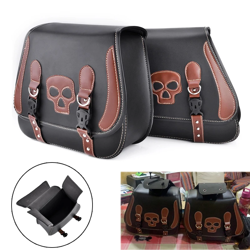 

Motorcycle Side Saddle Bags Skull PU Leather Saddlebags Tool Luggage Pannier Storage Bags For Harley Kawasaki Suzuki Honda