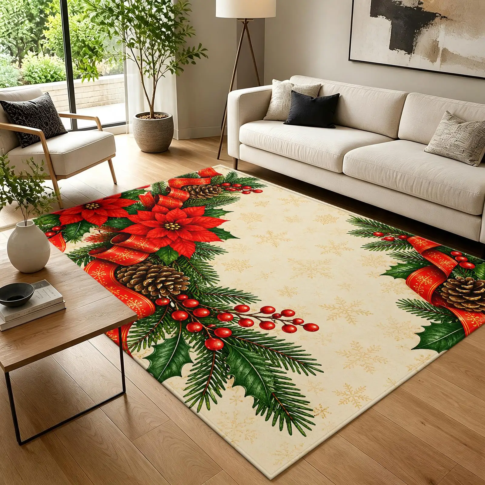 1pc 2D Flat Christmas Poinsettia Pine Cone Holly Berry Printed Floor Mat, Decorative Rug for Living Room, Bedroom, Home