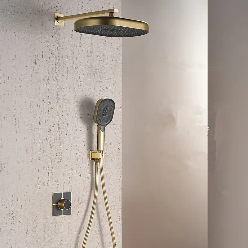 

Brushed Gold In-Wall Bathroom Valve Faucet Set With Round Shower Head Gray Bathroom Wall Shower Kit