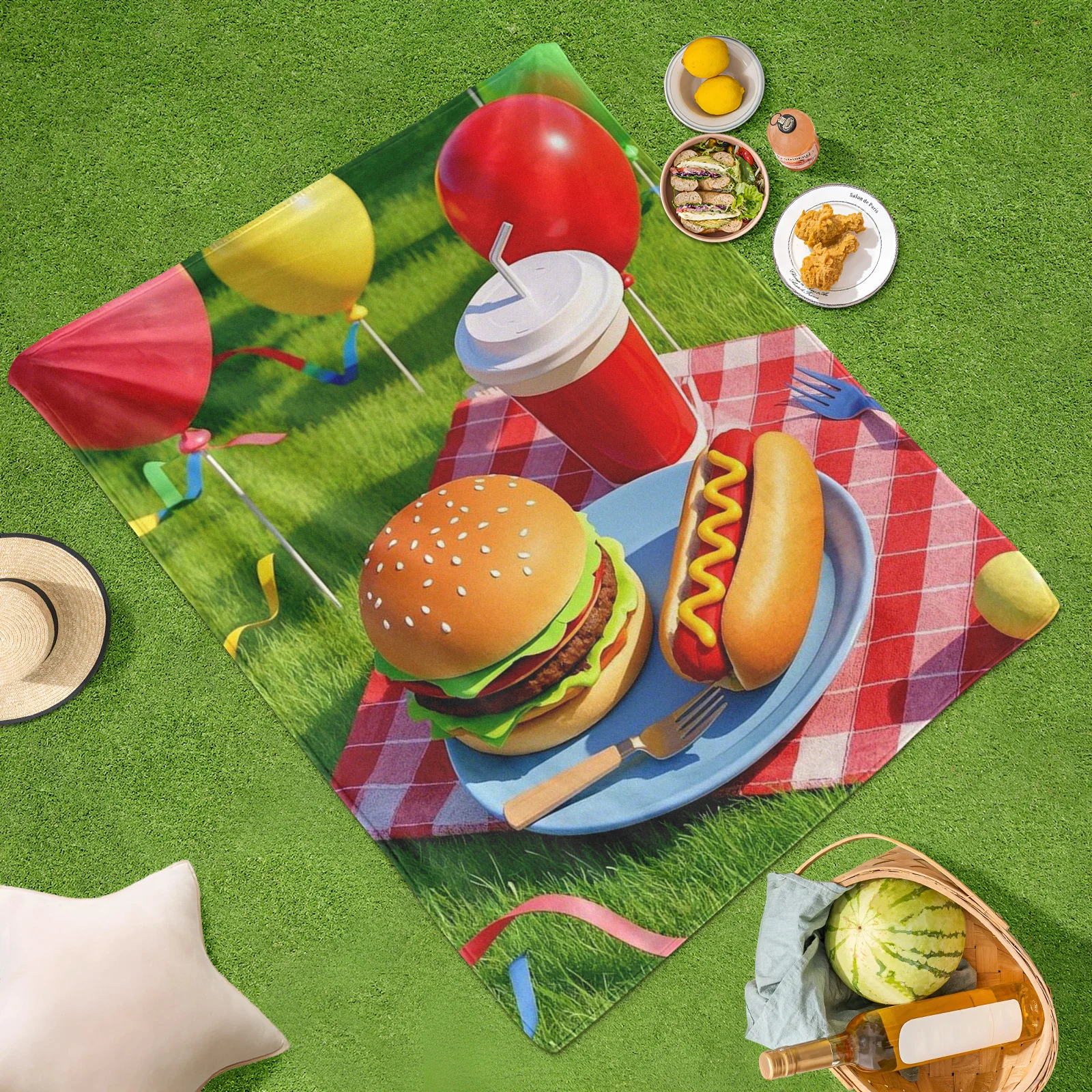 Burger Hot Dog Picnic Balloon Outdoor Blanket For Camping Adventure Warm Durable Design Family