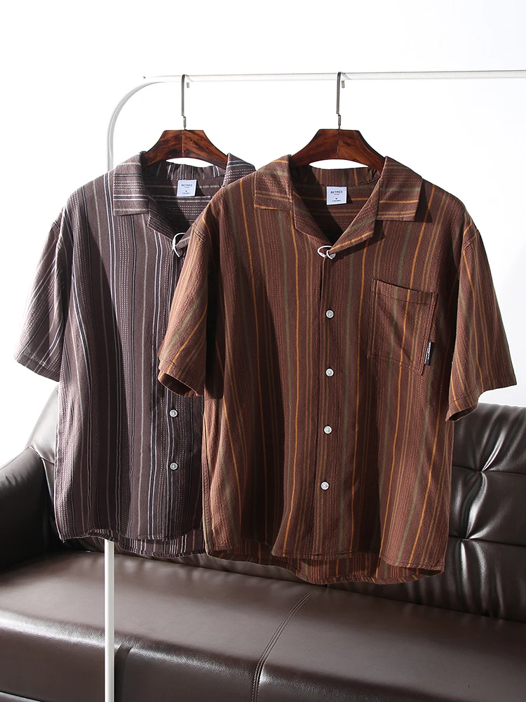 

Повседневная рубашка с кубинским воротником в полоску, мужская летняя рубашка свободного кроя с коротким рукавом, дышащая, модная, для пар, на каждый день