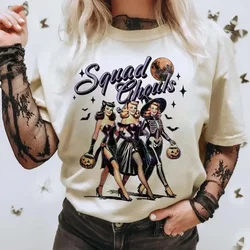 Retro Squad Ghouls Spooky Witches Printed T-Shirt Pattern Summer Women's Fun Cute Cartoon Style O-Neck Casual Style T-Shirt