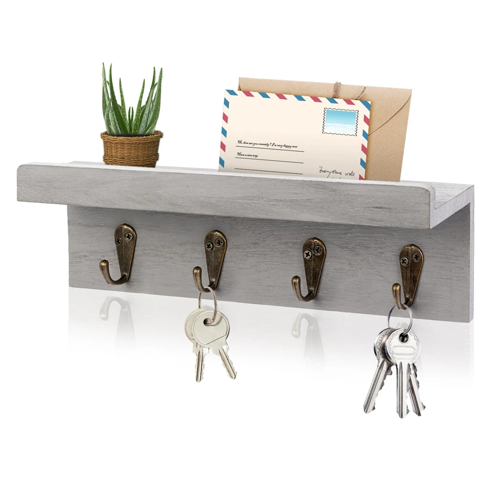 Rustic Key Holder for Wall Entryway Decor Wooden Shelf with 4 Key Hooks Farmhouse Wall Mounted Mail Organizer with Hooks