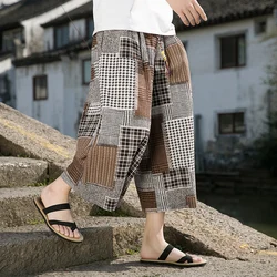 Letnie męskie spodnie haremowe Japońskie spodnie samurajskie do biegania w kratę Męskie spodnie Haori Loose Hip Hop Harajuku Casual Ethnic Wide Leg Pants