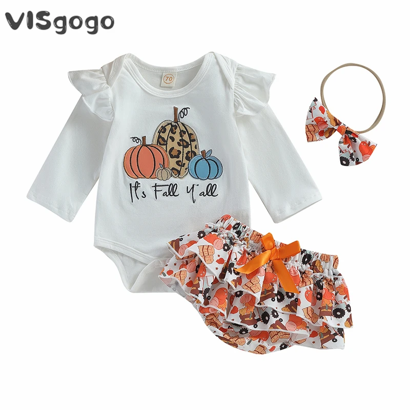 

VISgogo Baby Girls Clothes 3Pcs Halloween Outfit Pumpkin Print Long Sleeve Romper Ruffle Shorts Bow Headband Infant Fall Clothes