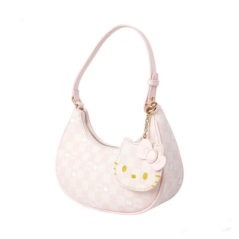 Miniso Hellokitty Y2k Half Moon Underarm Bag Plaid Kawaii Shoulder Bag Girl Cute Kitty Pendant Pink Handbag Damska torba Harajuku Bag