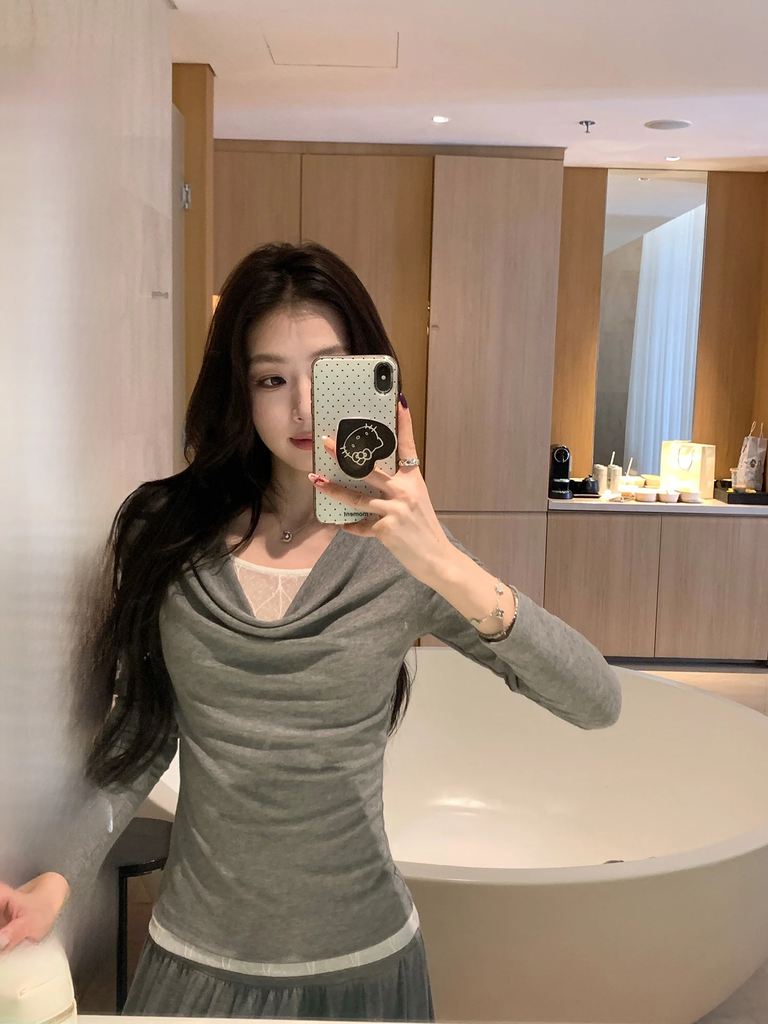 

Женский вязаный лонгслив Pusumede Moonlight Love Letter с кружевными вставками, имитация двухслойности, с эффектом драпировки, дизайнерский крой