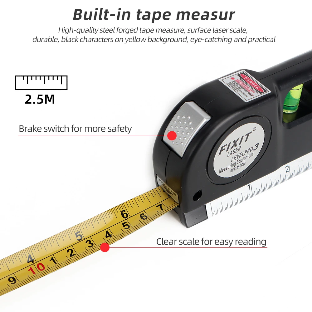 Multipurpose Laser Level Horizon Vertical Cross Lines Measuring Instrument 8FT Standard and Metric Rulers Measure Level Laser