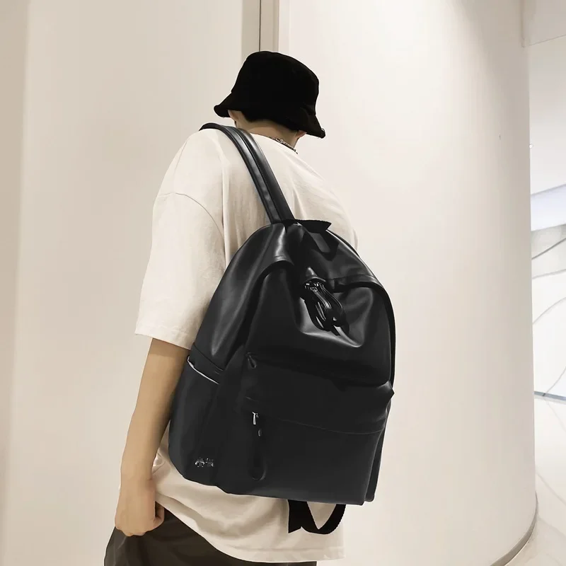 Trendy Pu Leather Simple Fashion Girls Schoolbags Japanese Vintage Solid Women Men Bags High-capacity Y2k Backpacks for Students