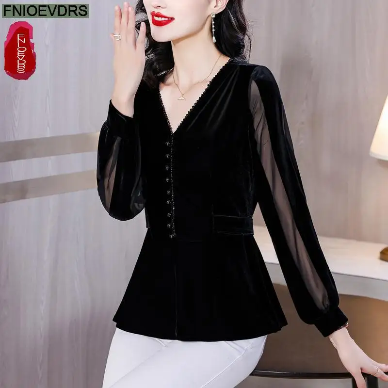 S-3XL Black Velvet Top Women Autumn Winter French Design Elegant Office Lady Work Button Shirt Casual Slim Retro Peplum Blouses