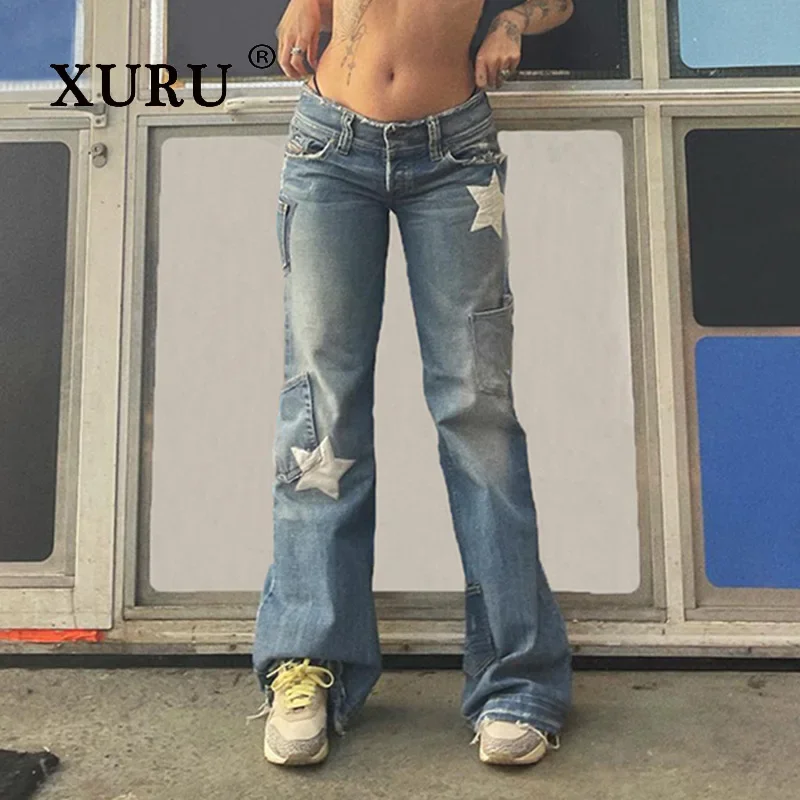 

XURU-Retro Five Point Star Jeans for Women, Asymmetric Splice, High Waist, Women's Wear, From Europe and America, New, K1-970