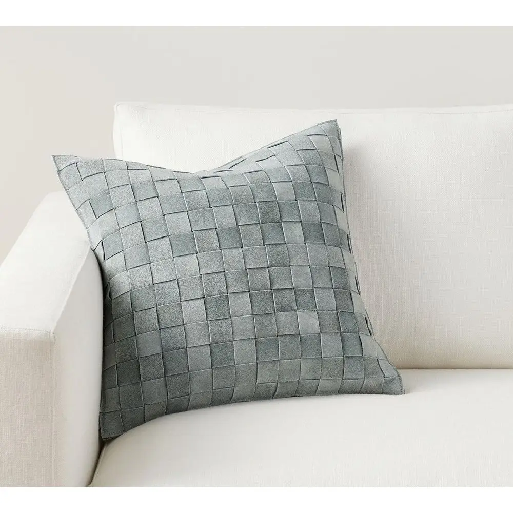 

Elegant Chambray Basketweave Leather Pillow Cover - 18x18 - Modern Boho Style for Home Decor