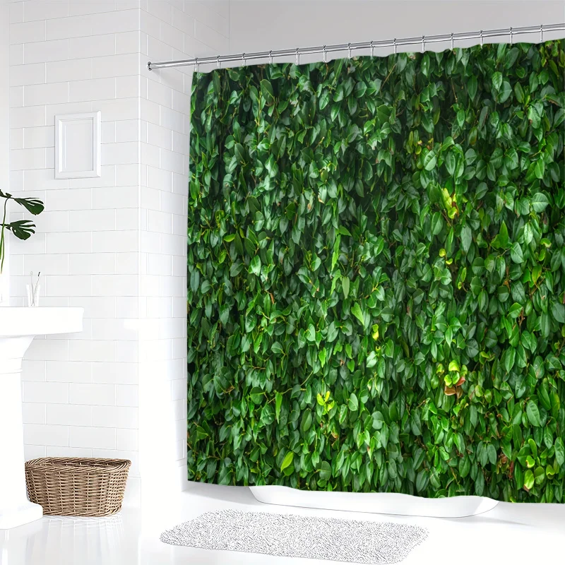 YWJHUI Green Leaf Pattern Shower Curtain, Water-Resistant Polyester Bathroom Decor, Machine Washable with Hooks, Knit Weave, Pla