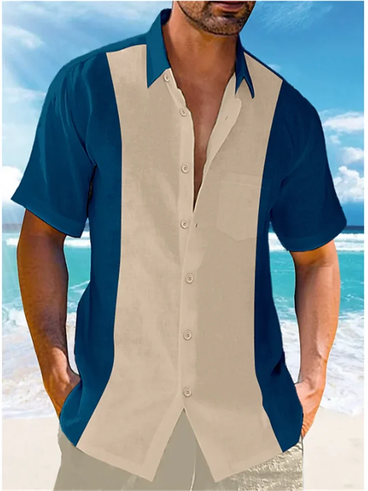 Men's Shirt New 2024 Casual Summer Shirt Beach Vacation Top Blue Short Sleeve Color Matching Lapel Front Pocket Clothing Fashion