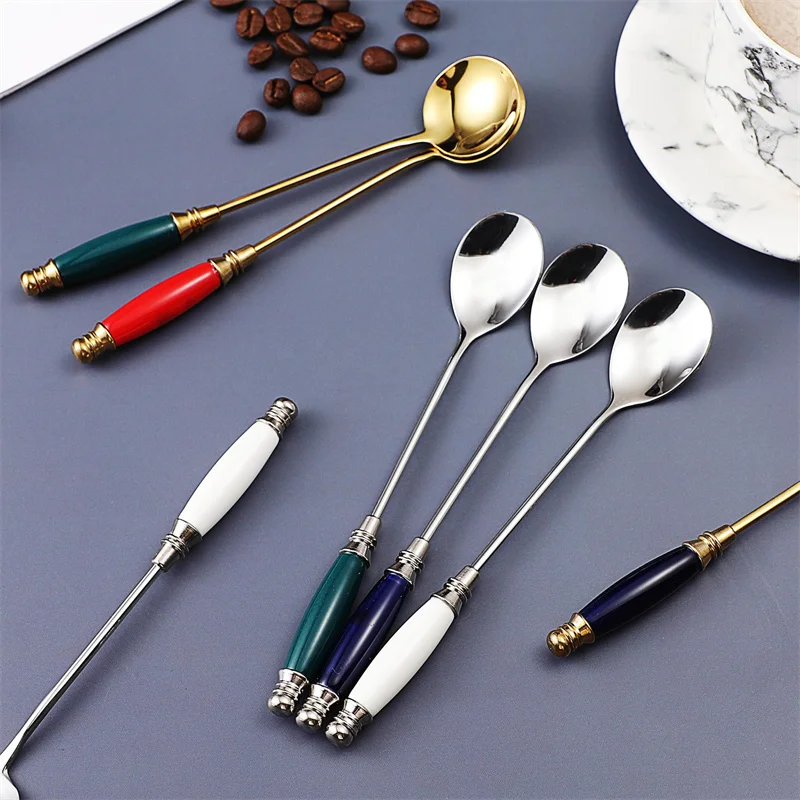 Ceramic Handle Thick Stainless Steel Spoons for Household for  Soup Dessert Coffee Dining Tableware Kitchen For Home