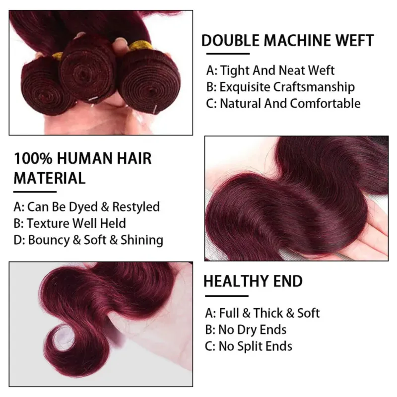 Pacotes brasileiros do cabelo humano da onda do corpo para mulheres, cabelo virgem, extensões do weave, 99J, 3 pacotes, cabelo humano de 100%