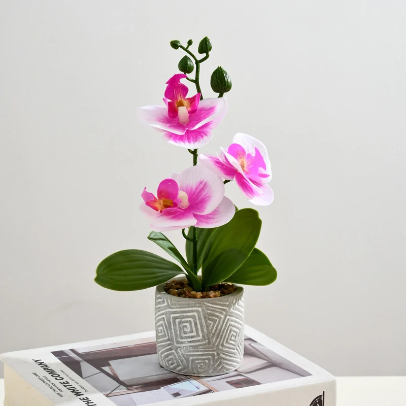 Creative 3 Flowers and 3 Leaves Phalaenopsis Bonsai Simulation Flower  Simulation Pot Artificial Home Office Decoration