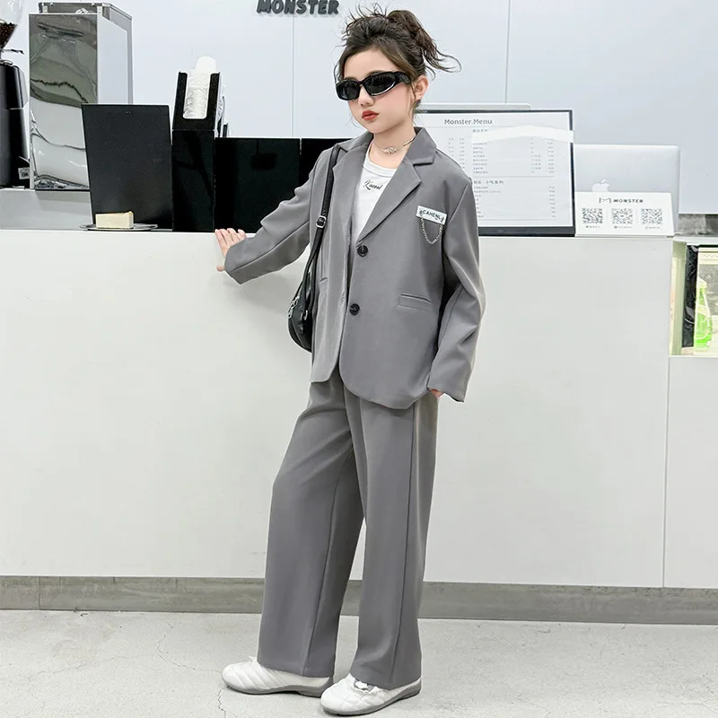 

Комплект одежды для девочек-подростков 2026: Весенне-осенний нарядный костюм для девочек, детская одежда, пиджак и брюки, 2 предмета, для детей 5-14 лет