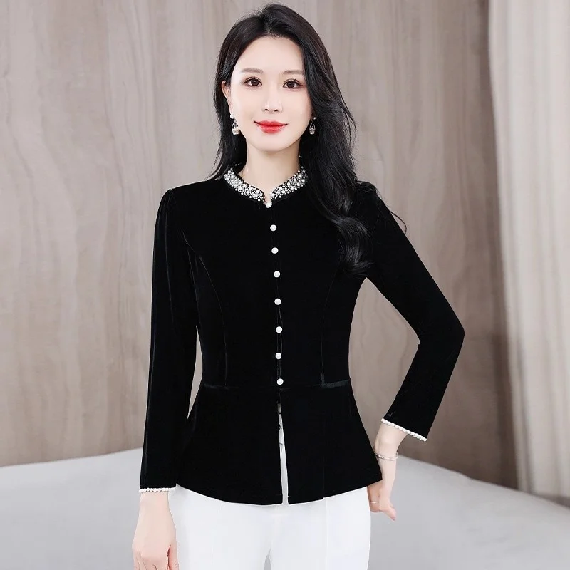 

2026 Spring Autumn Casual Shirt With Beaded Round Neck, Gold Velvet Blazer Women's Short Jacket, Vintage Slim Suit Top w1675