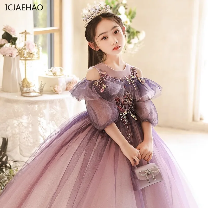 ICJAEHAO Elegant Party Dress Junior Girls Children Sequined Purple Tulle Dresses Kids Grad Night Formal Ball Gowm Party Vestido