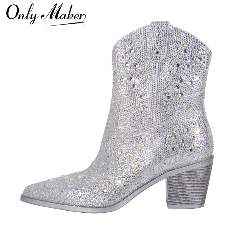 

Onlymaker Women Silver Rhinestone Ankle Boots Pointed Toe Glitter Bling Shiny Super Gorgeous Fashion Cowgirl Boots