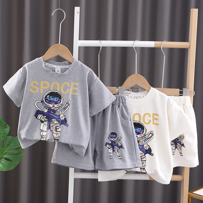 Boys and girls summer short-sleeved crewneck knitted T-shirt set Baby breathable casual comfortable two-piece summer children's