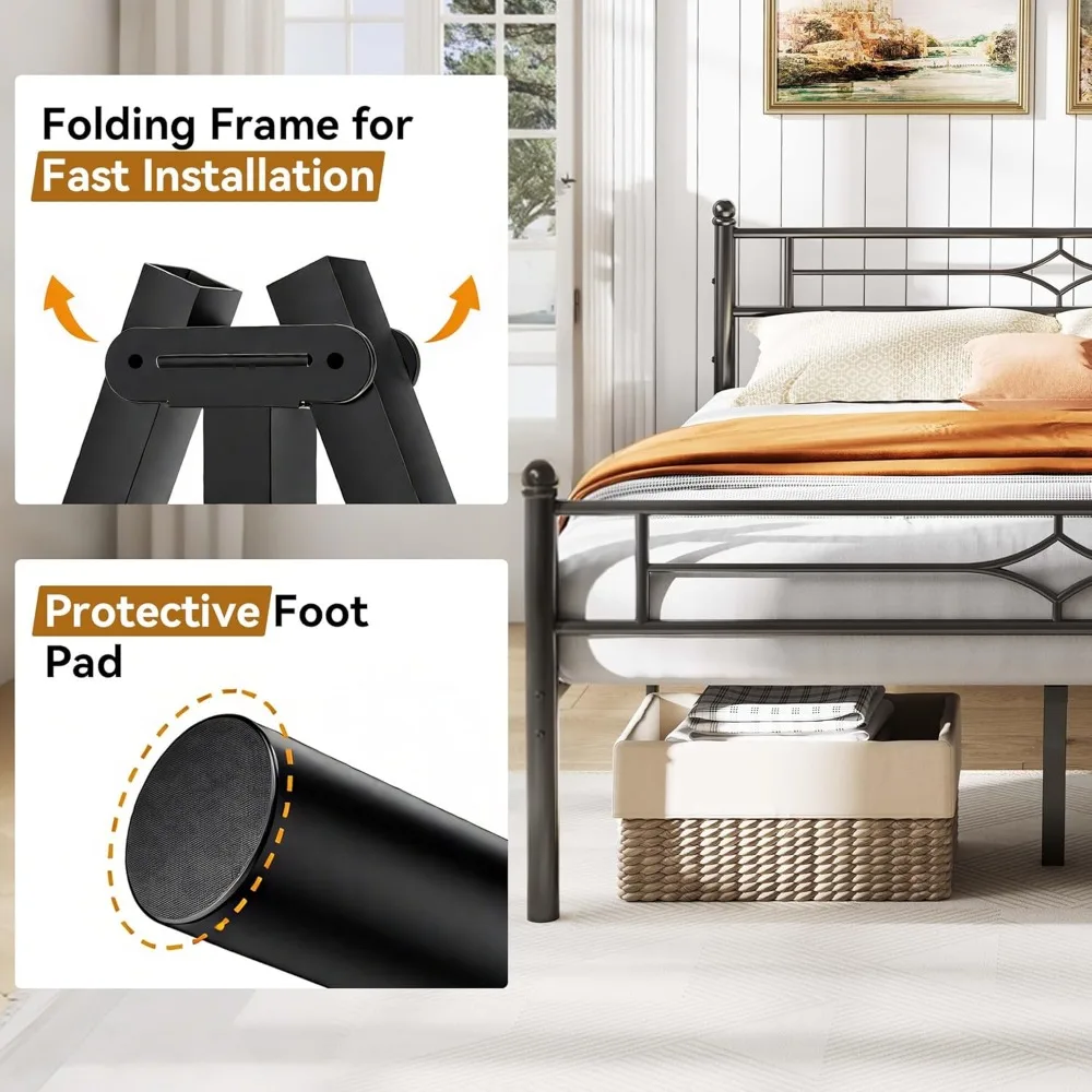 Estrutura de cama dupla de metal clássico com suporte de ripas de aço e armazenamento embaixo da cama 12,5