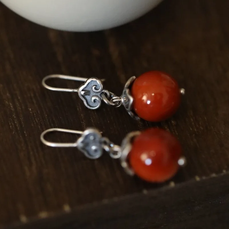 PANJBJ 925 Sterling Silver Red Agate Earrings For Women Circular Retro Ethnic Cloud Versatile Jewelry Birthday Gift Dropshipping view 2