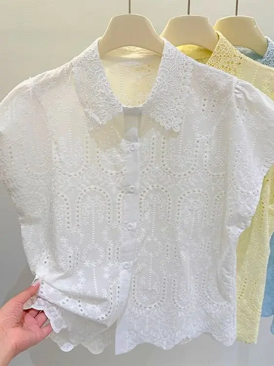 Ele Embroidered Hollow out Svel  Ne T-irt Women's Summer Faion Casual Loose Fit Top Trendy Korean Sle