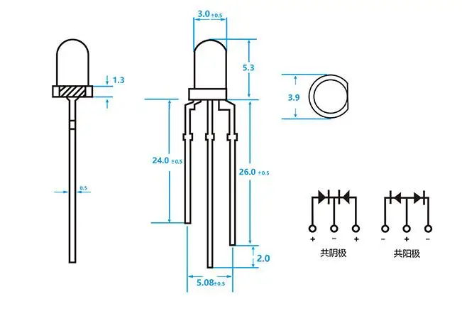 100 Uds F3/3mm cabeza redonda cuentas led antiniebla de doble color con tres pines diodo emisor de luz DIP rojo azul