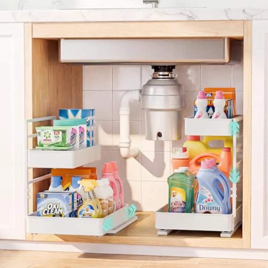 

Height Adjustable 2 Tier Metal Pull Out Slide Shelf Organizer for Framed or Frameless Under Sink Cabinets in Kitchen, Bathroom,
