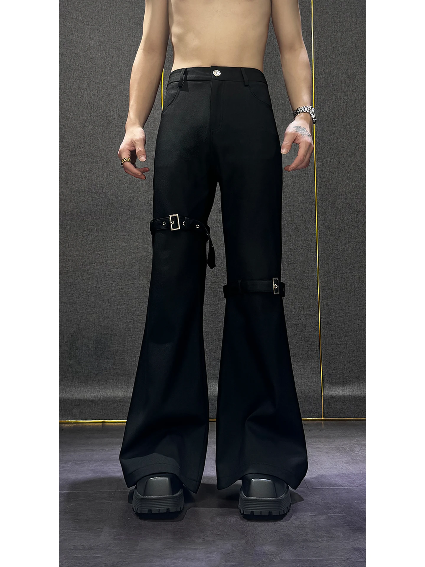 Fashion Trendy Men's Lace-Up Patchwork Design Sense Dress Pants High-End Personality  High Street High-Waist Flared Casual Pants