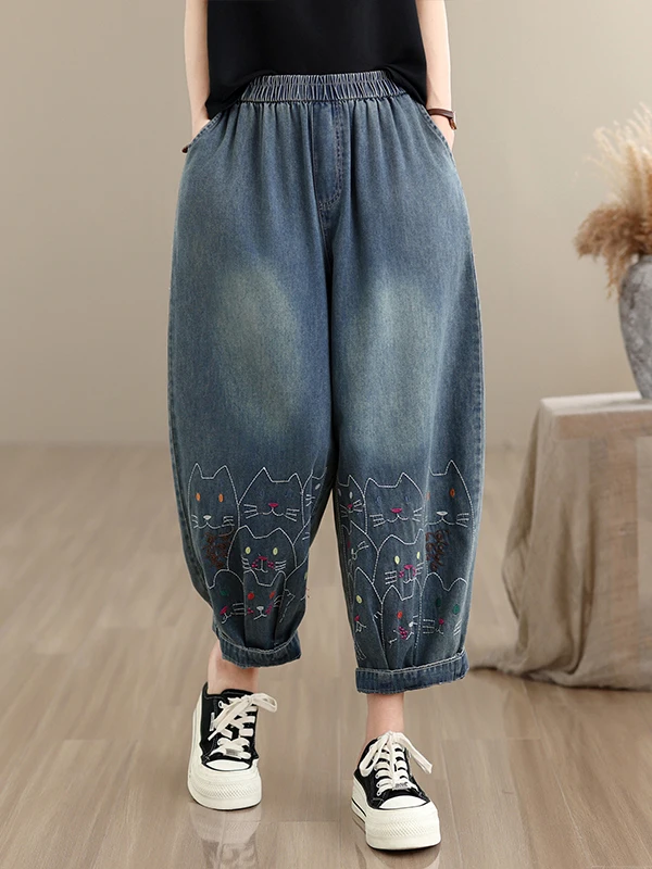

Loose Fit Washed Denim Pants Embroidery Thin Style Nine Points Harlan Trousers for plus Size Women Casual Cotton Polyester