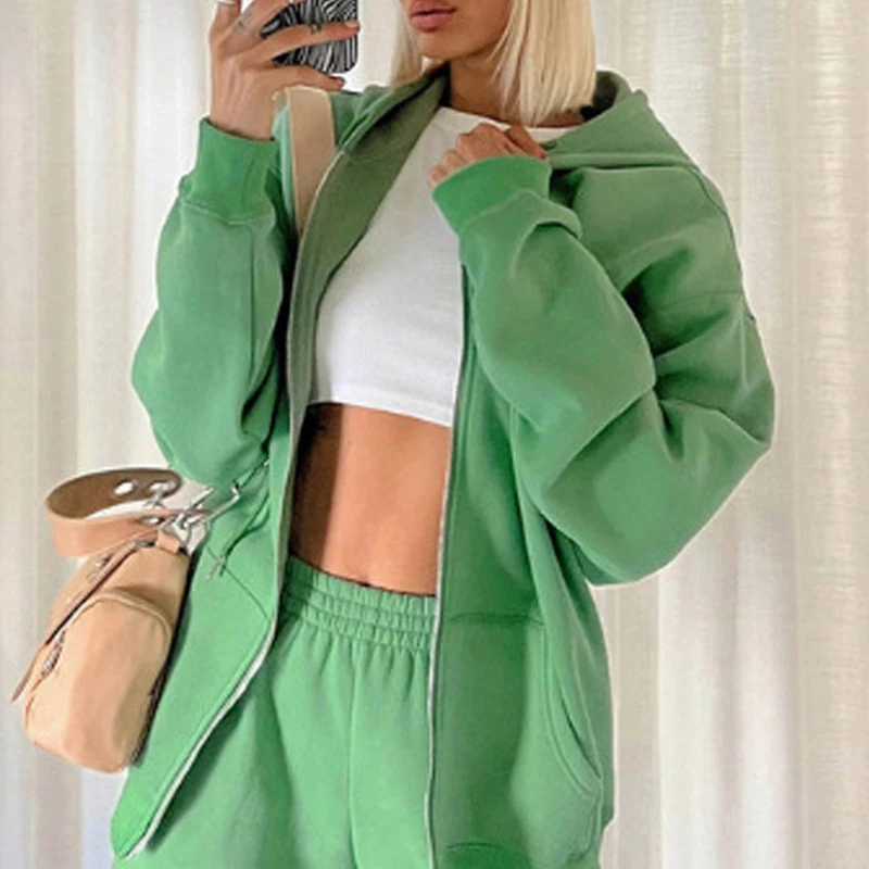 Traje deportivo informal de lana para mujer, Abrigo con capucha y cremallera, pantalones de Jogging, chándales sólidos, trajes sueltos cálidos,