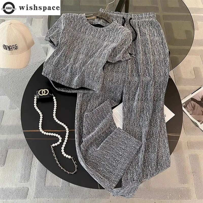 

Fashion temperament set for women's spring and summer new style lazy gray short sleeved wide leg pants two-piece set