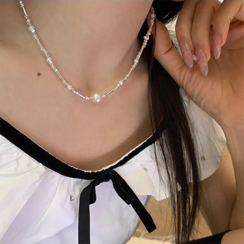 PANJBJ 925 Silver Pearl  Geometry Necklace for Women Girl Gift Bamboo Joint Splicing Bead Fashion Design Jewelry Dropshipping