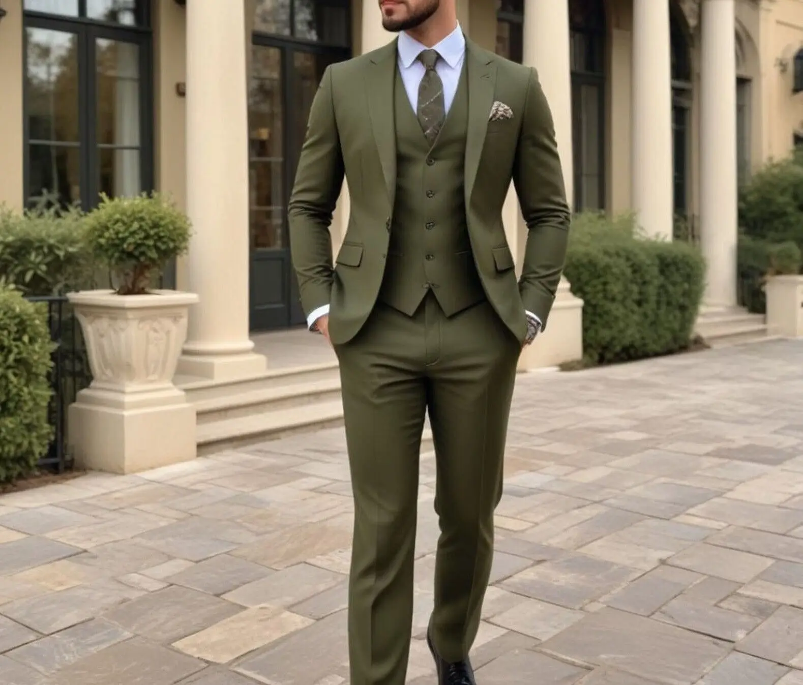 بدلة رجالية مكونة من 3 قطع باللون الأخضر الزيتوني بقصة ضيقة وزر واحد أنيق لحفلات الزفاف #1