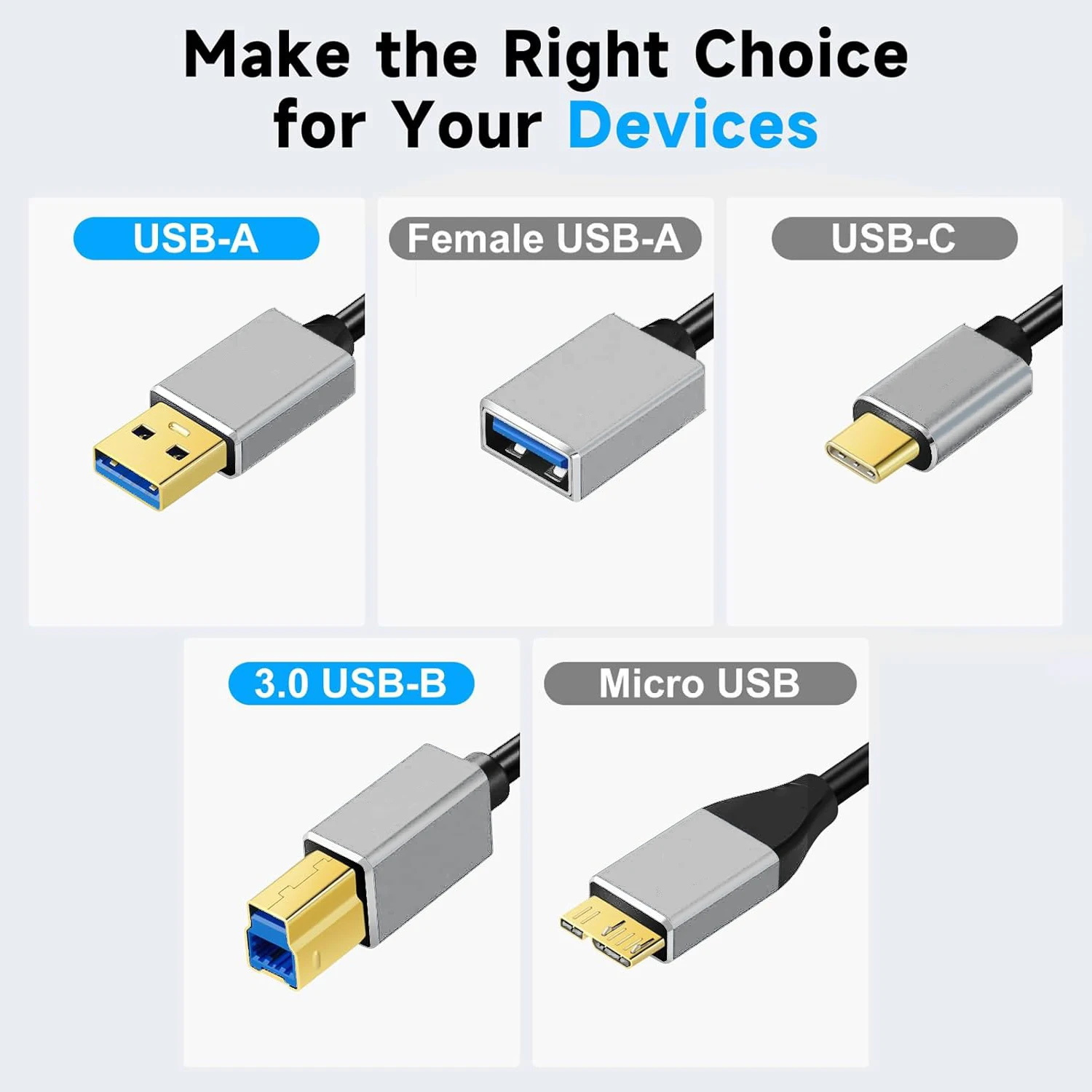 USB A Type-C MicroB Data Sync& Charging Coiled Spring USB Cable for PC Retractable Extension Cord Stretched Length Up to 1m/3FT